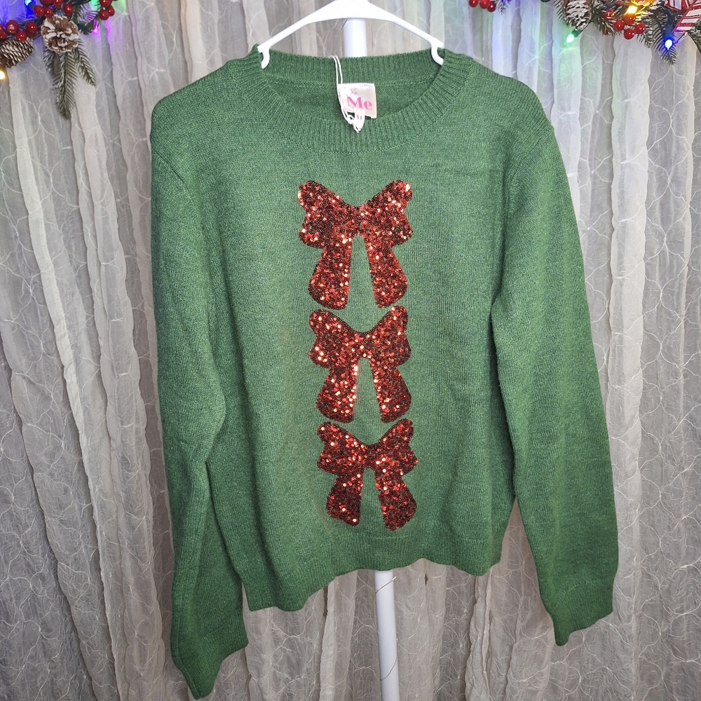 So Me Sequins Bows Ribbon Embellished Christmas Crew Neck Pull Over Sweater XL - Picture 2 of 6